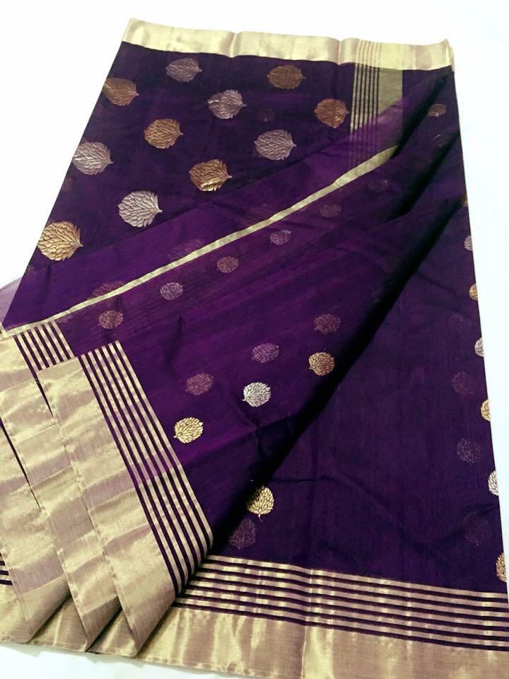 Purple with Golden and Silver Floral Chanderi Silk Saree-CHANSRE-052
