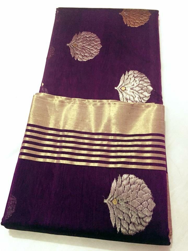 Purple with Golden and Silver Floral Chanderi Silk Saree