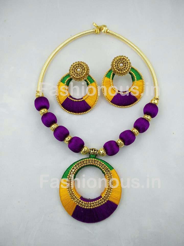 Purple with Green and Yellow Chandbali Pendant Silk Thread Jewellery Set-STJSW-108