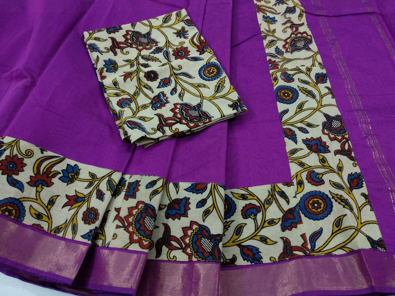 Purple with Kalamkari Blouse Kotta Mercerized Cotton Saree-SRE-811
