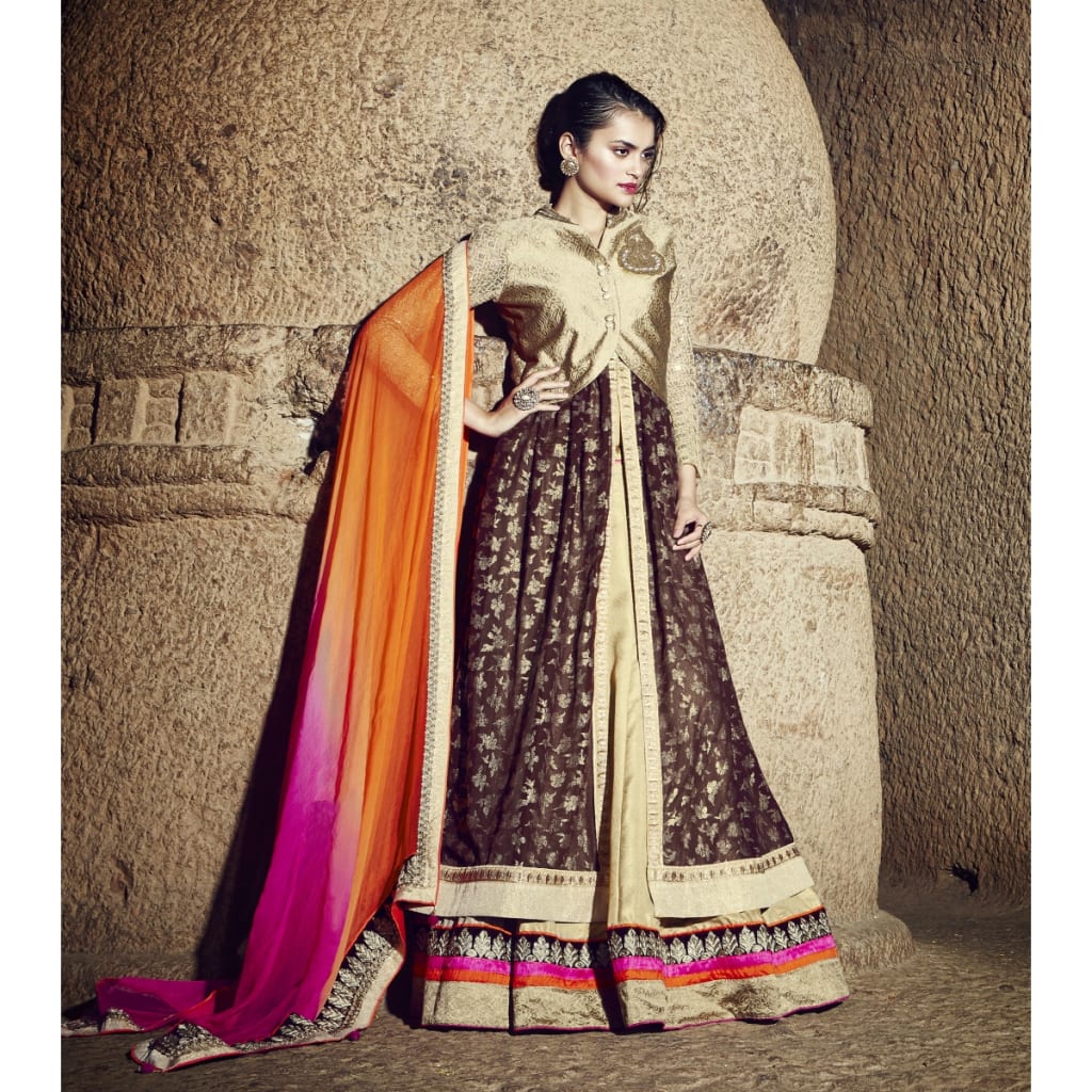 Magestic Golden Brown Embroidered Shimmer Georgette Lehenga Choli