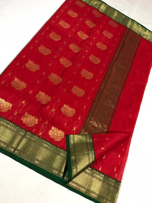 Carmine Red Chanderi Silk Saree With Golden Green Border- CSH054