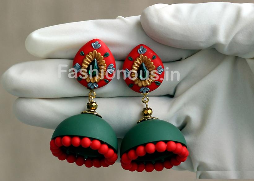 Red-Green with Golden Floral Jhumka-ZAPCJH-009
