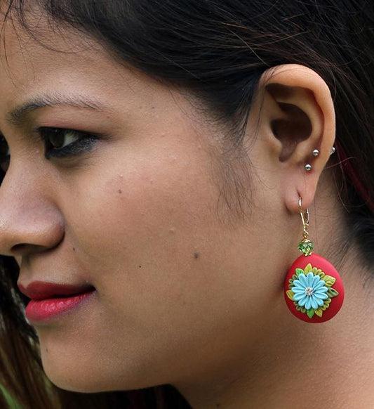 Red Blue Floral Droplet Polymer Clay Earrings-ZAPCJH-046