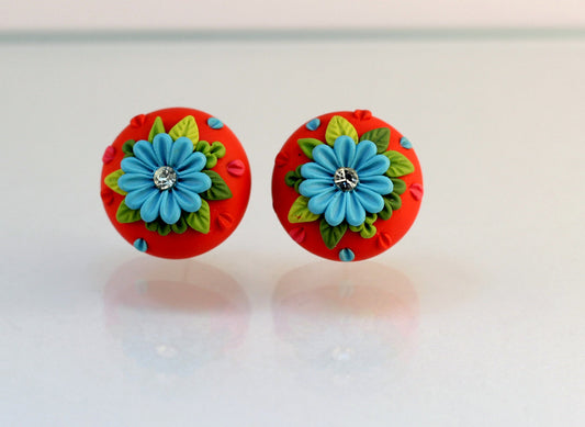 Red Blue Floral Embroidery Polymer Clay Stud