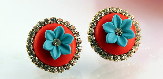 Red Blue Rhinestone Polymer Clay Studs