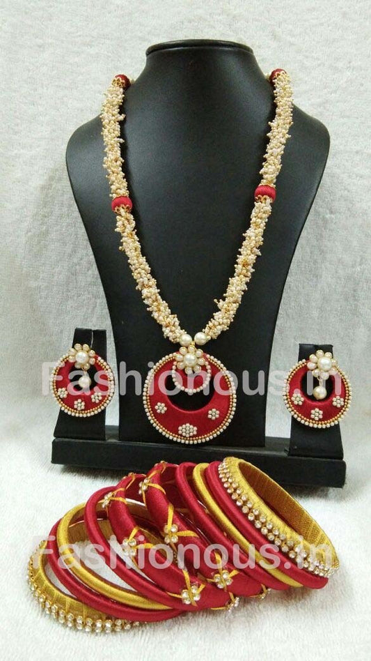 Red Chandbali Pendant with White Beaded Silk Thread Jewellery Set-STJSW-094