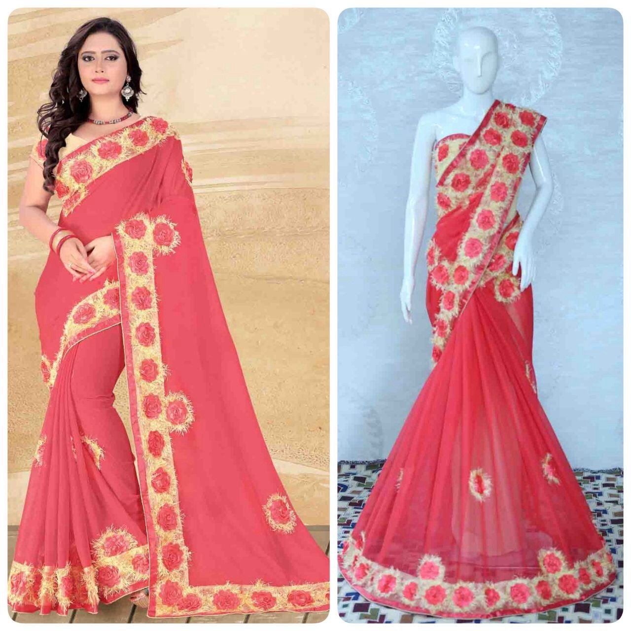 Red Chiffon With Heavy Flower Lace Designer Saree-SRE-1141