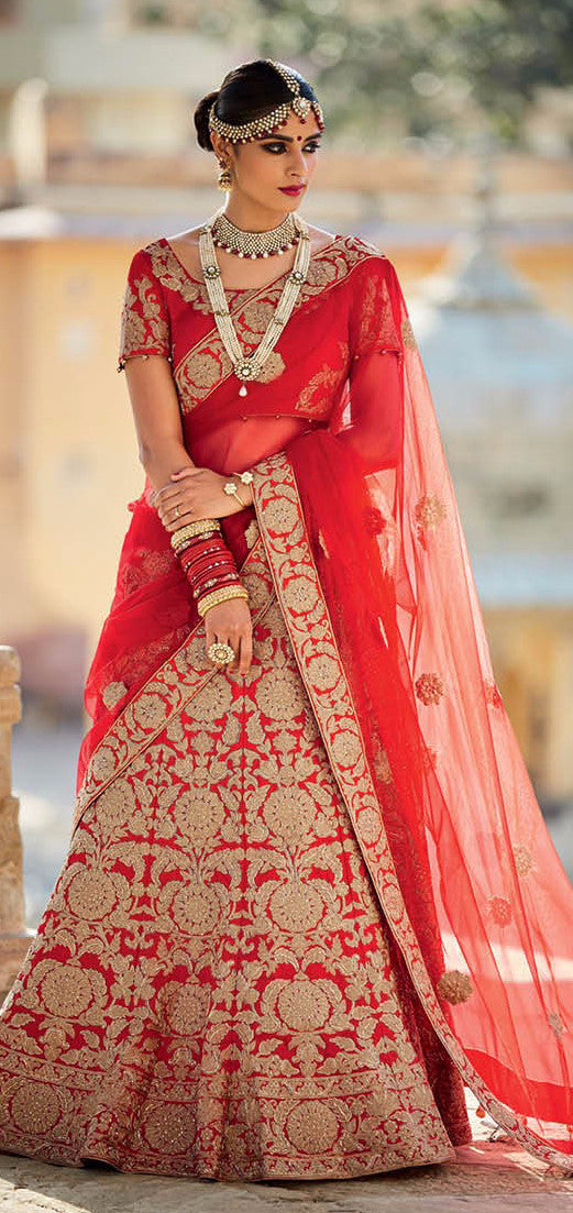 Buy Red Raw Silk Embroidered Resham Leaf Dabka Ombre Bridal Lehenga Set For  Women by Nitika Gujral Online at Aza Fashions.