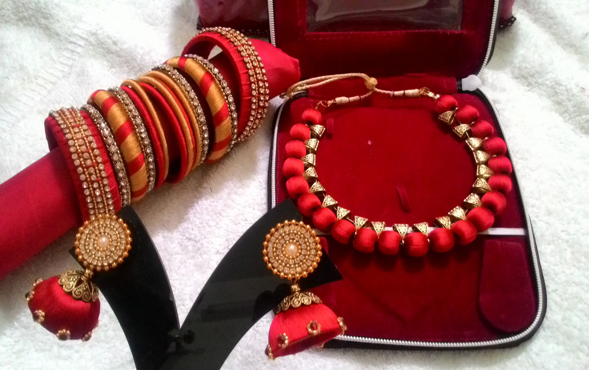 Red Designer Silk Thread Jewellery Set – Fashionous