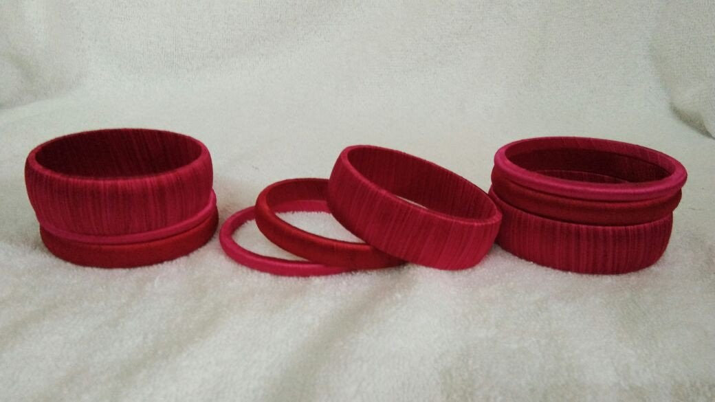 Red Dual Color Fancy Wear Silk Thread Bangles-STBS-004
