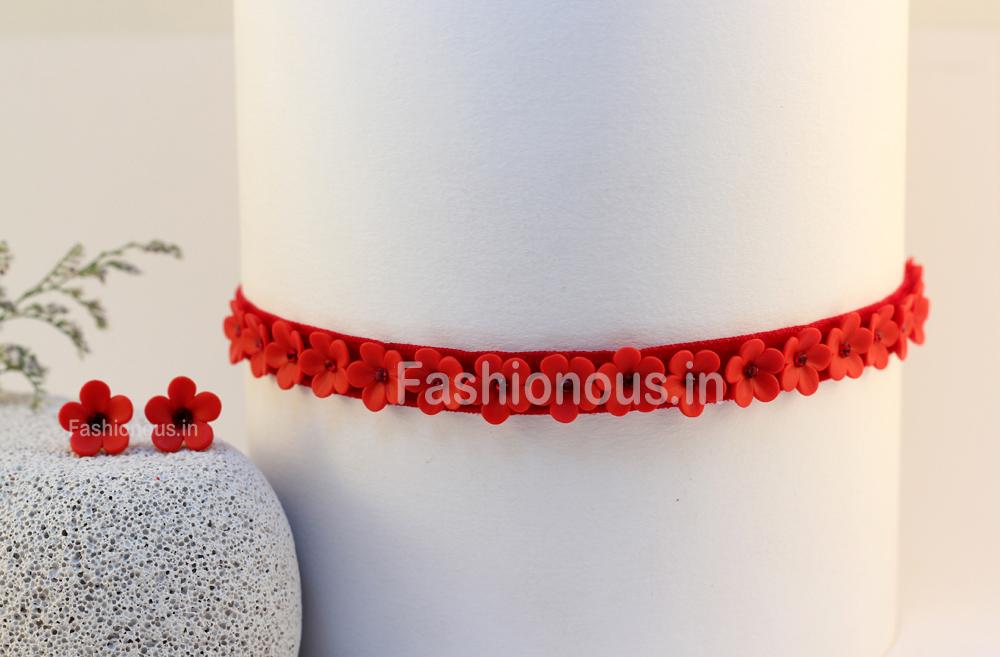 Red Floral Choker and Studs-ZAPCNS-020