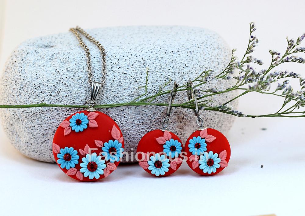 Red Floral Embroidery Necklace and Earrings-ZAPCNS-011