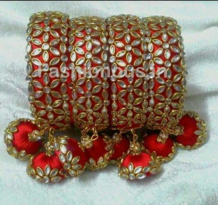 Red Floral Stone Worked with Hanging Jhumka Silk Thread Bangle Set-STJSW-031