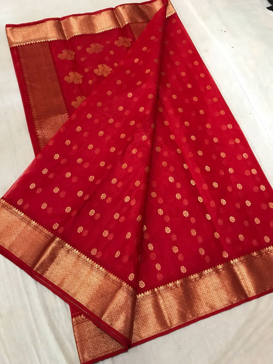 Red Floral with Golden Zari Border Chanderi Silk Saree-CHANSRE-072