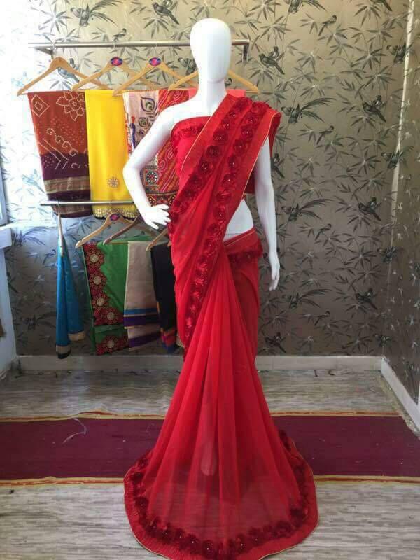 Red Georgette with Ribbon work and Rose Lace Designer Saree-SRE-206