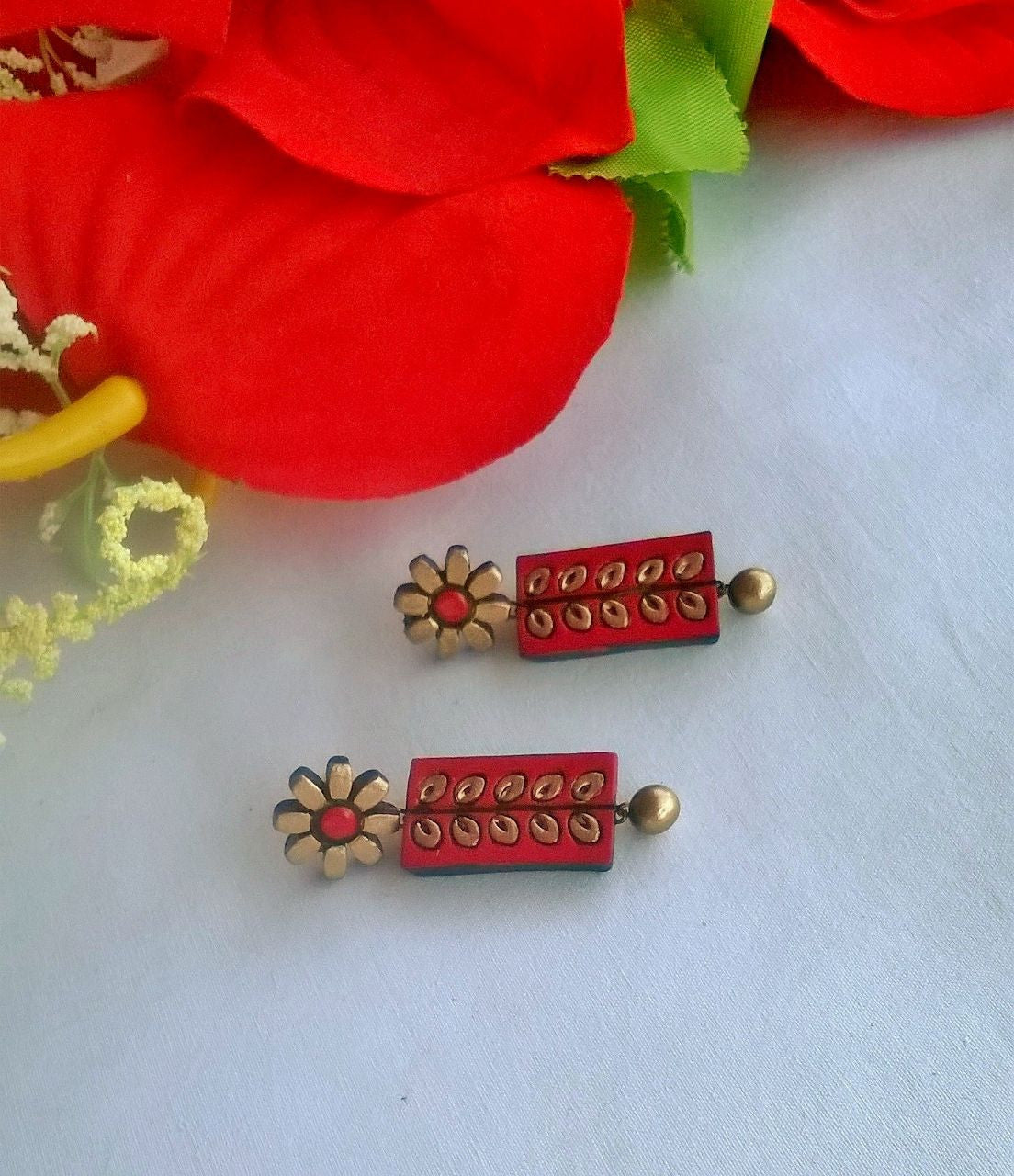 Red & Gold Flower Terracotta Earrings