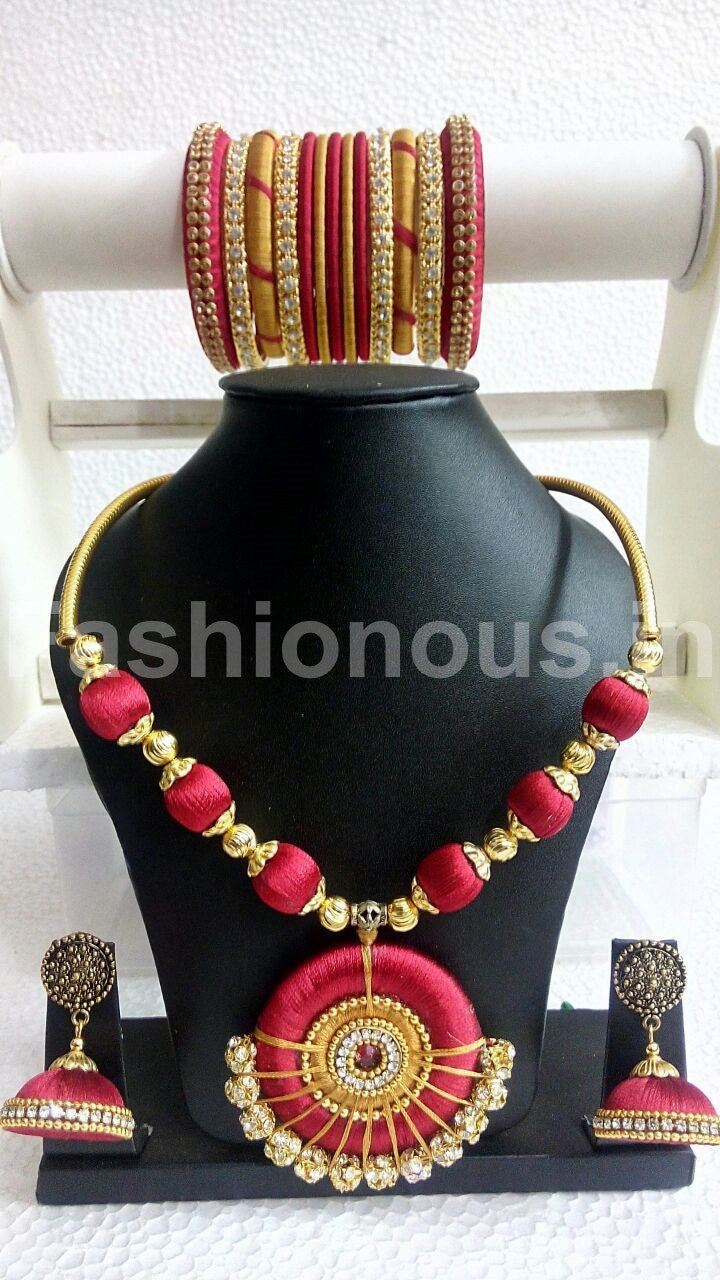 Red and Gold Silk Thread Jewellery Set