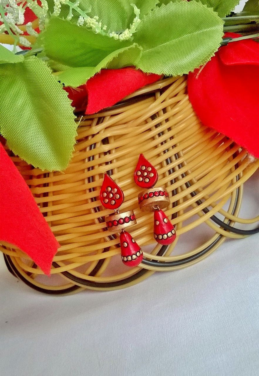 Red & Gold Teardrop Terracotta Earrings