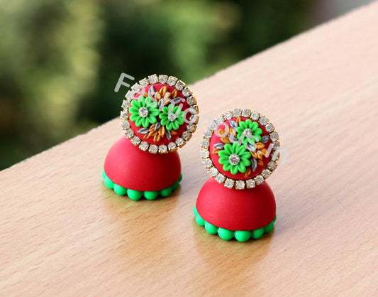 Red Green Floral Jhumka-ZAPCJH-032