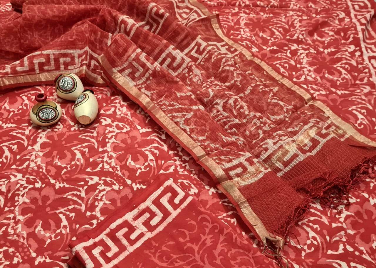 Red Handblock Unstitched Printed Cotton Suit