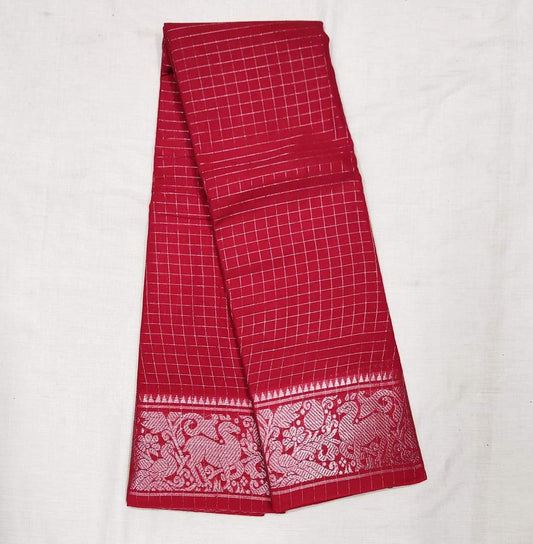 Red Madurai Sungudi Saree with Silver Zari Border