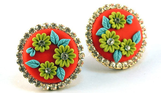 Red Olive green Rhinestone Polymer Clay Studs