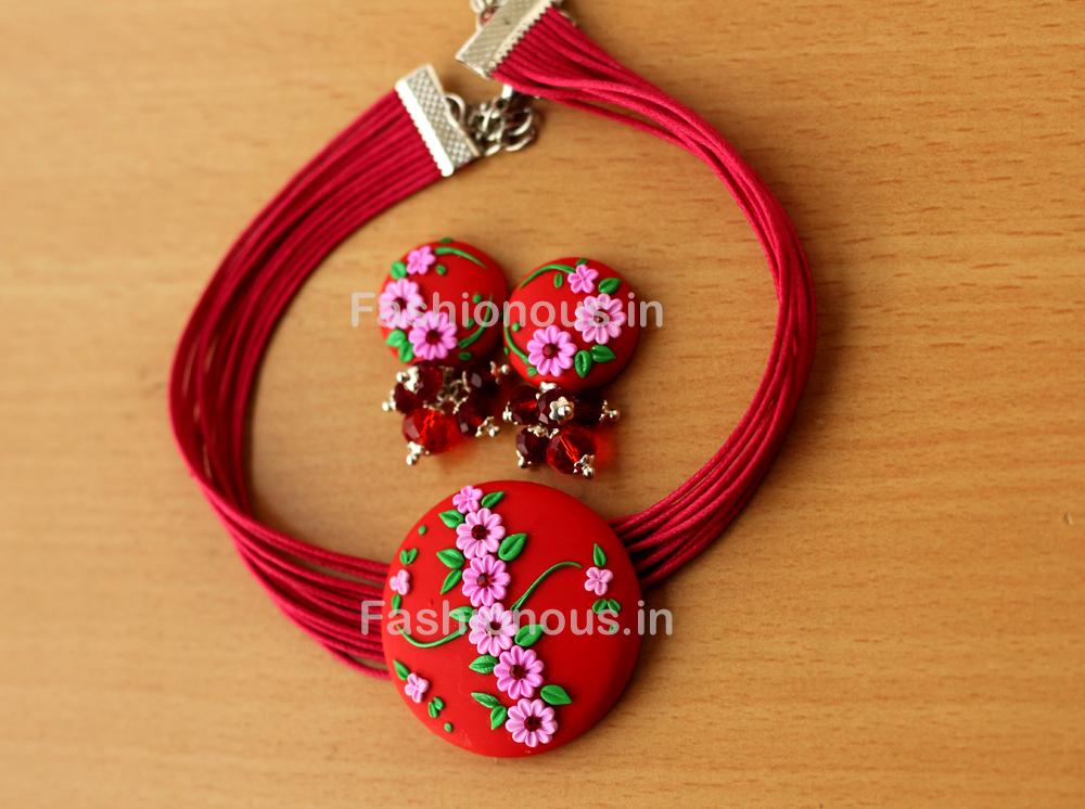 Red Pink Floral Choker and Earrings-ZAPCNS-042
