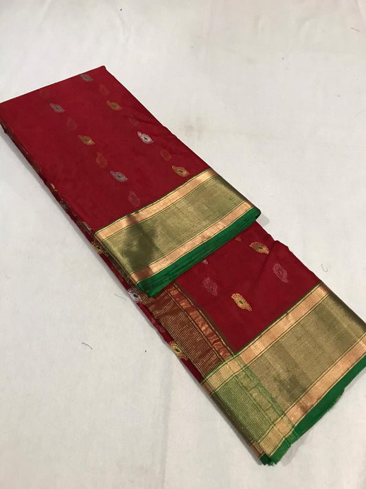 Red Pure Katan Chanderi Silk Saree with Green Border