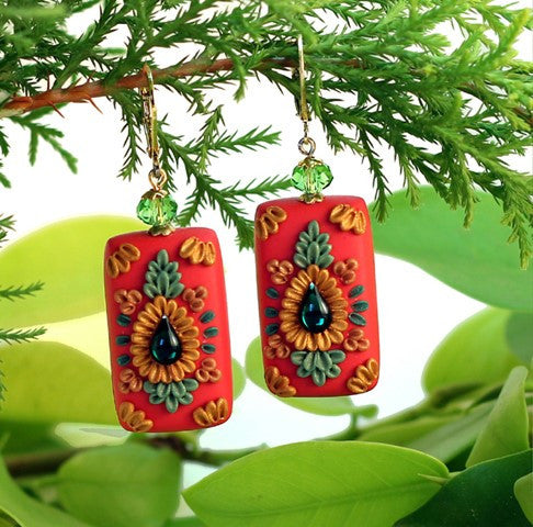 Red Rectangular Polymer Clay Earrings