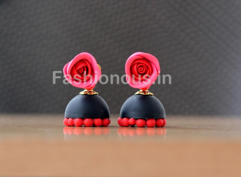 Red Rose Floral Black Jhumka-ZAPCJH-028