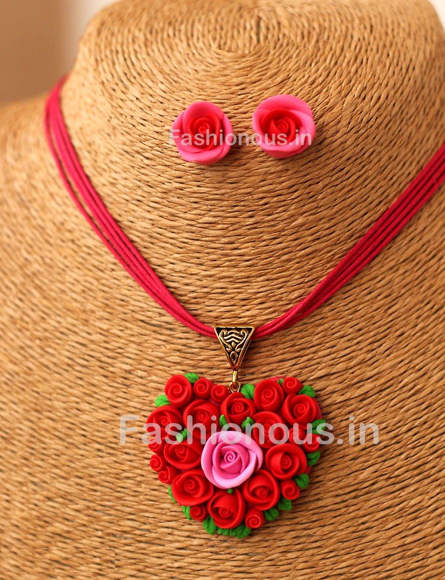 Red Rose Floral Heart Pendant and Studs-ZAPCNS-040