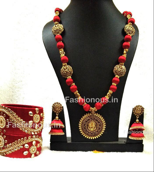 Red Silk Balls With Antique Pendant Silk Thread Jewellery Set-STJSW-007