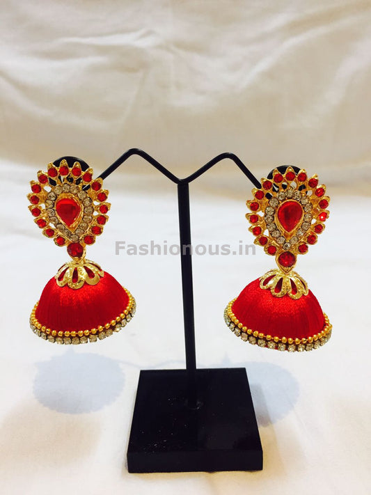 Red Stone Studded Droplet Silk Thread Jhumkas-STJH-014