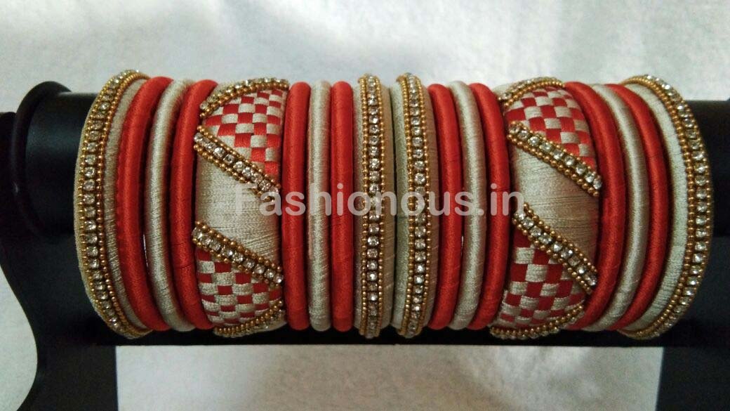 Red and Beige Checked Stone Worked Silk Thread Bangle Set-STJSW-063
