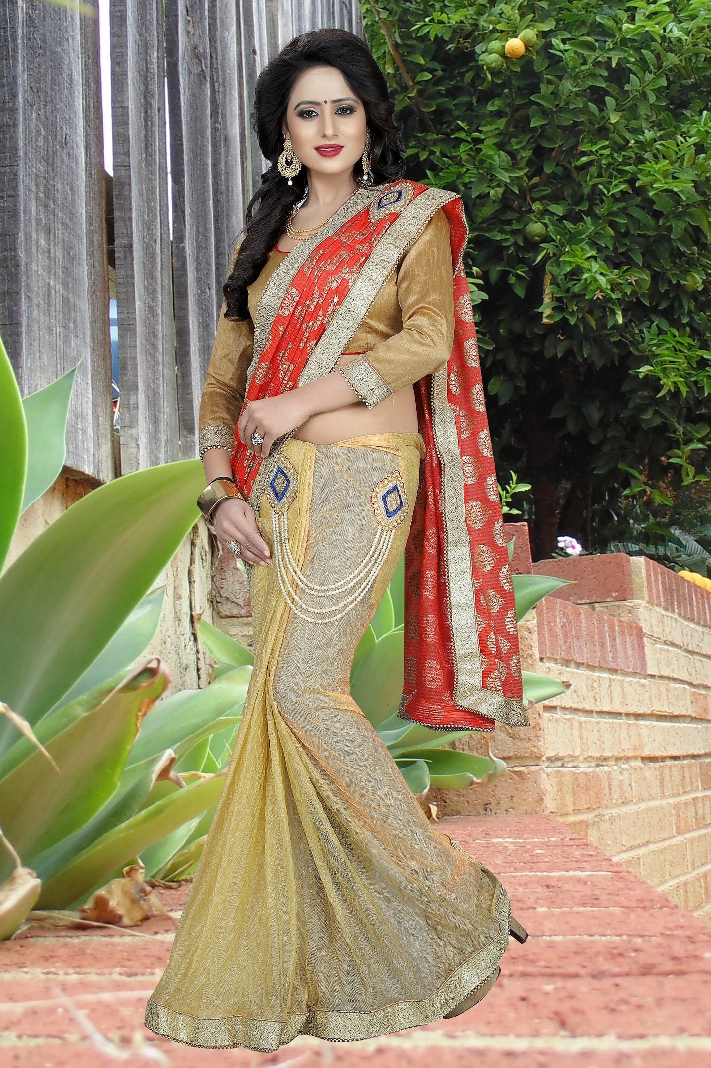 Red and Beige colour Embroidery Patch Work Saree-SRP-GS-07