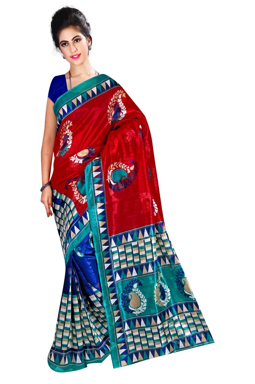 Red and Blue Bhagalpuri Saree-SRE-785
