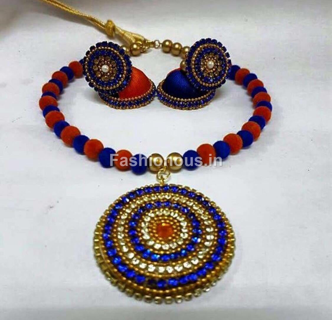 Red and Dark Blue Silk Thread Jewellery Set