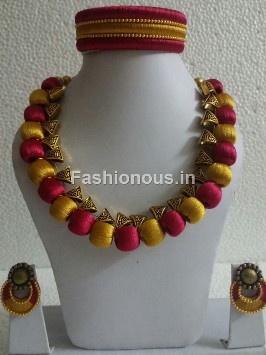 Red and Golden Silk Thread Jewellery Set