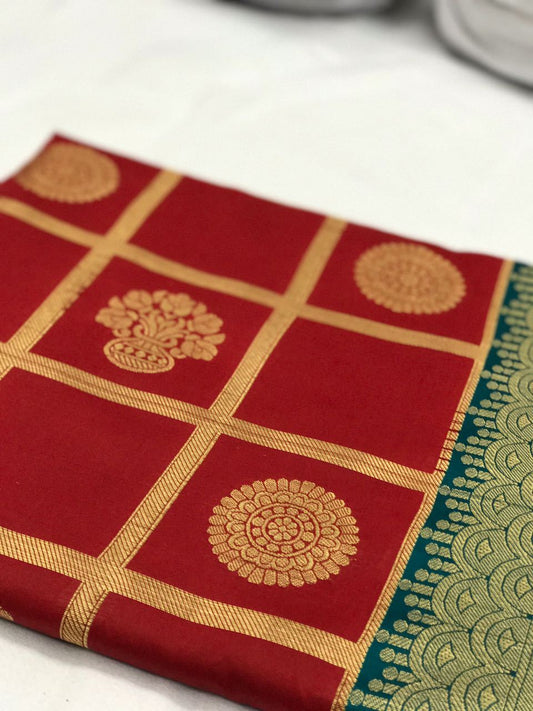 Red and Green with Floral Pot Zari Work Banarasi Silk Saree-SRE-136 red and green coloured saree