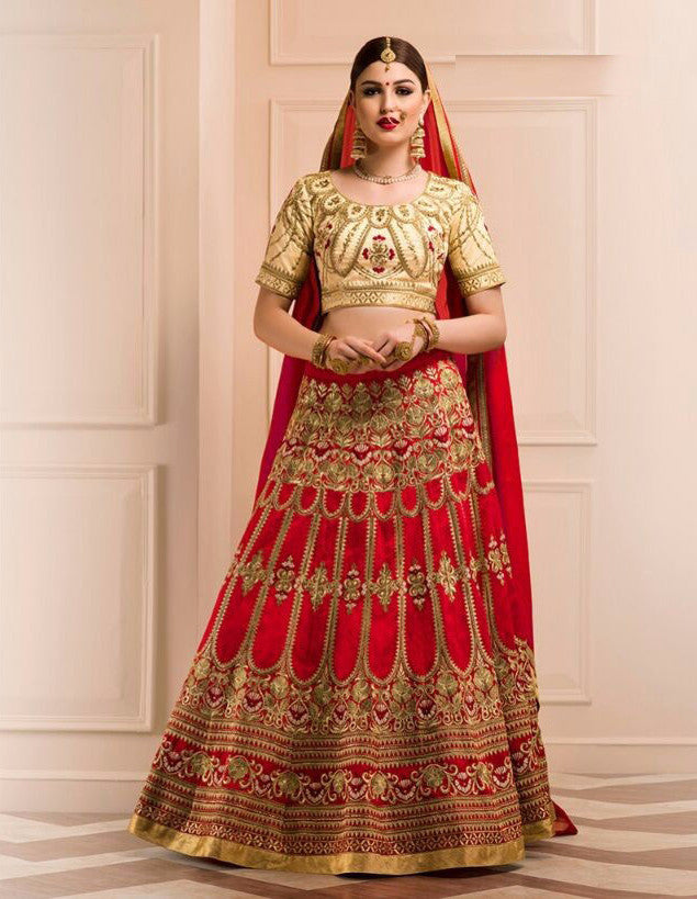 Red and Off White Golden Embroidered Bridal Lehenga