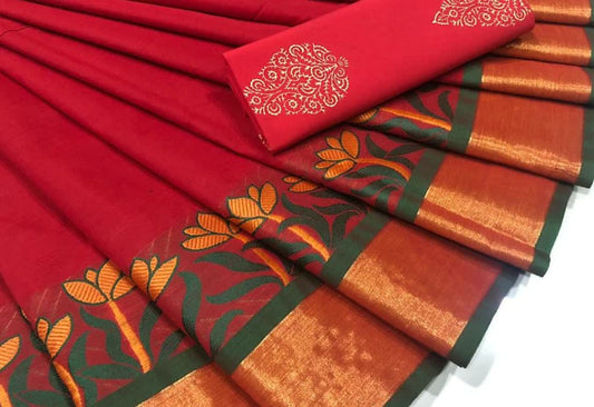 Red and Orange  Pure Cotton Saree CPC 007