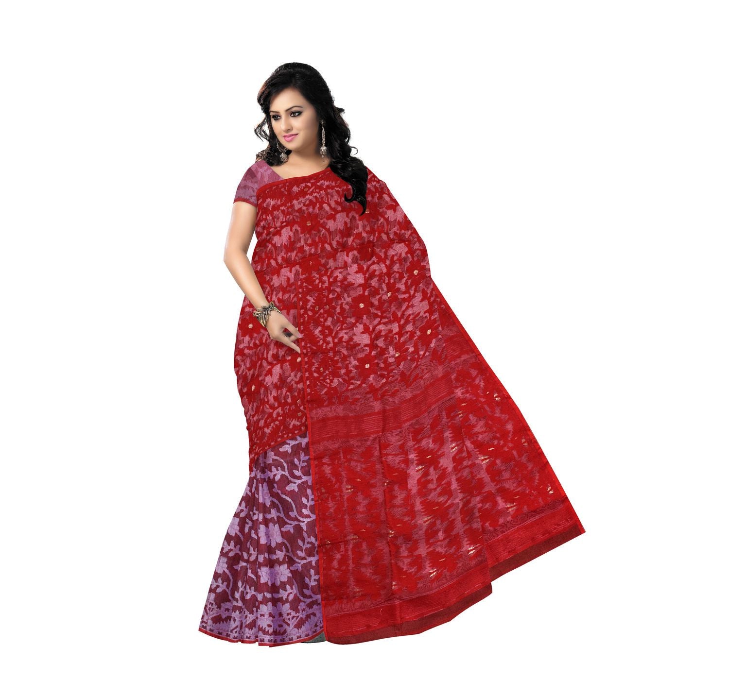 Red and White Floral Handloom Cotton Saree-OSSWB9053