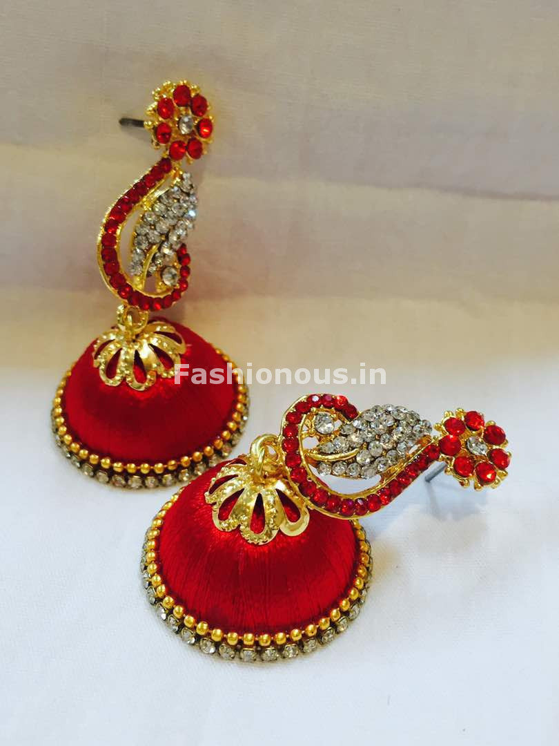 Red and White Stone Studded Peacock Neck Floral Silk Thread Jhumkas-STJH-041