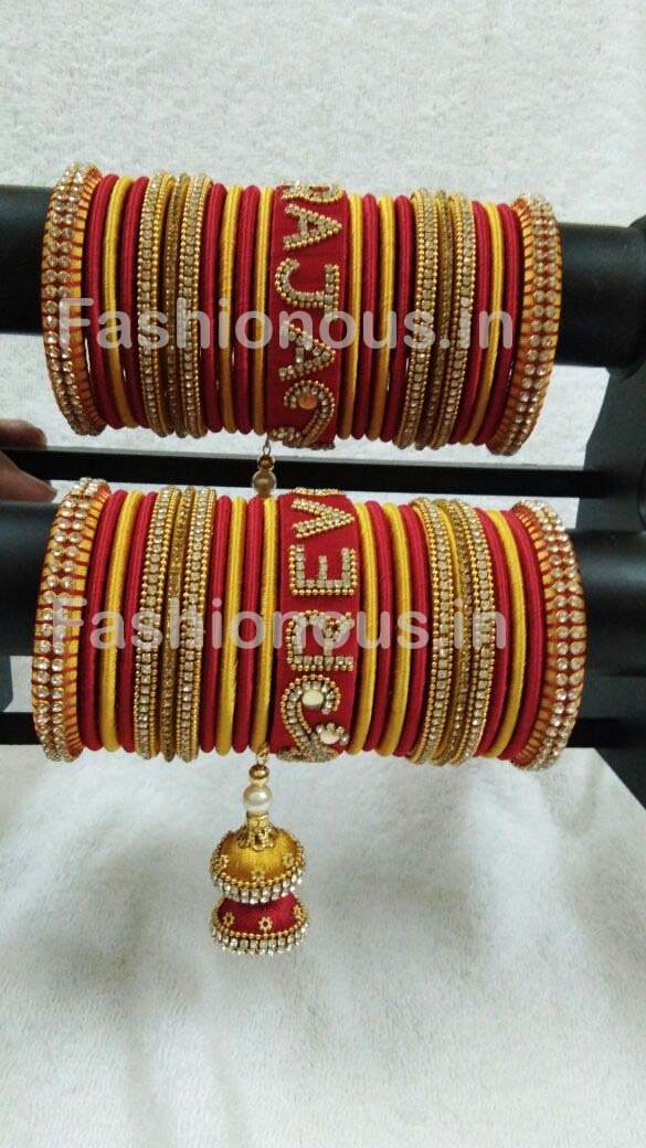 Red and Yellow Stone Worked Silk Thread Wedding Bangle Set-STJSW-021