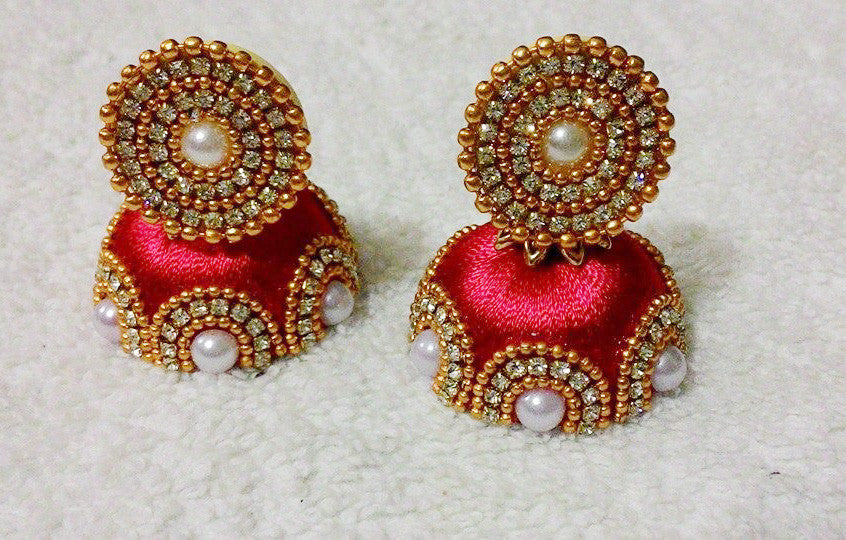 Red and gold pearls  Designer Silk Thread Jhumkas