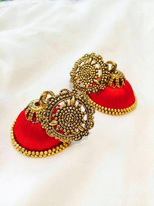Red antique attached silk thread Jhumkas