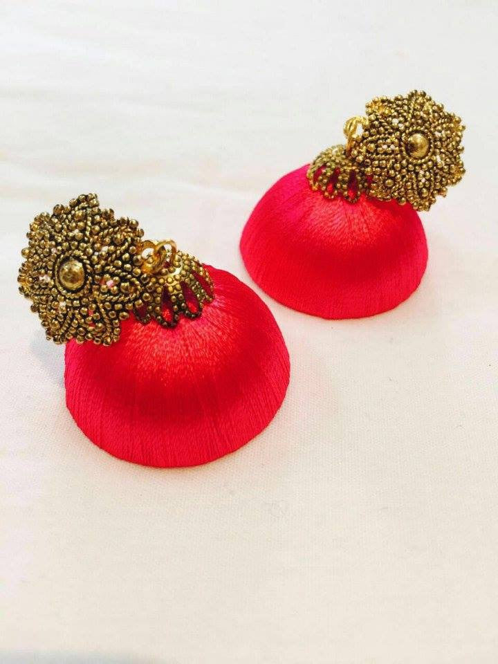Red color antique attached Silk Thread Jhumkas