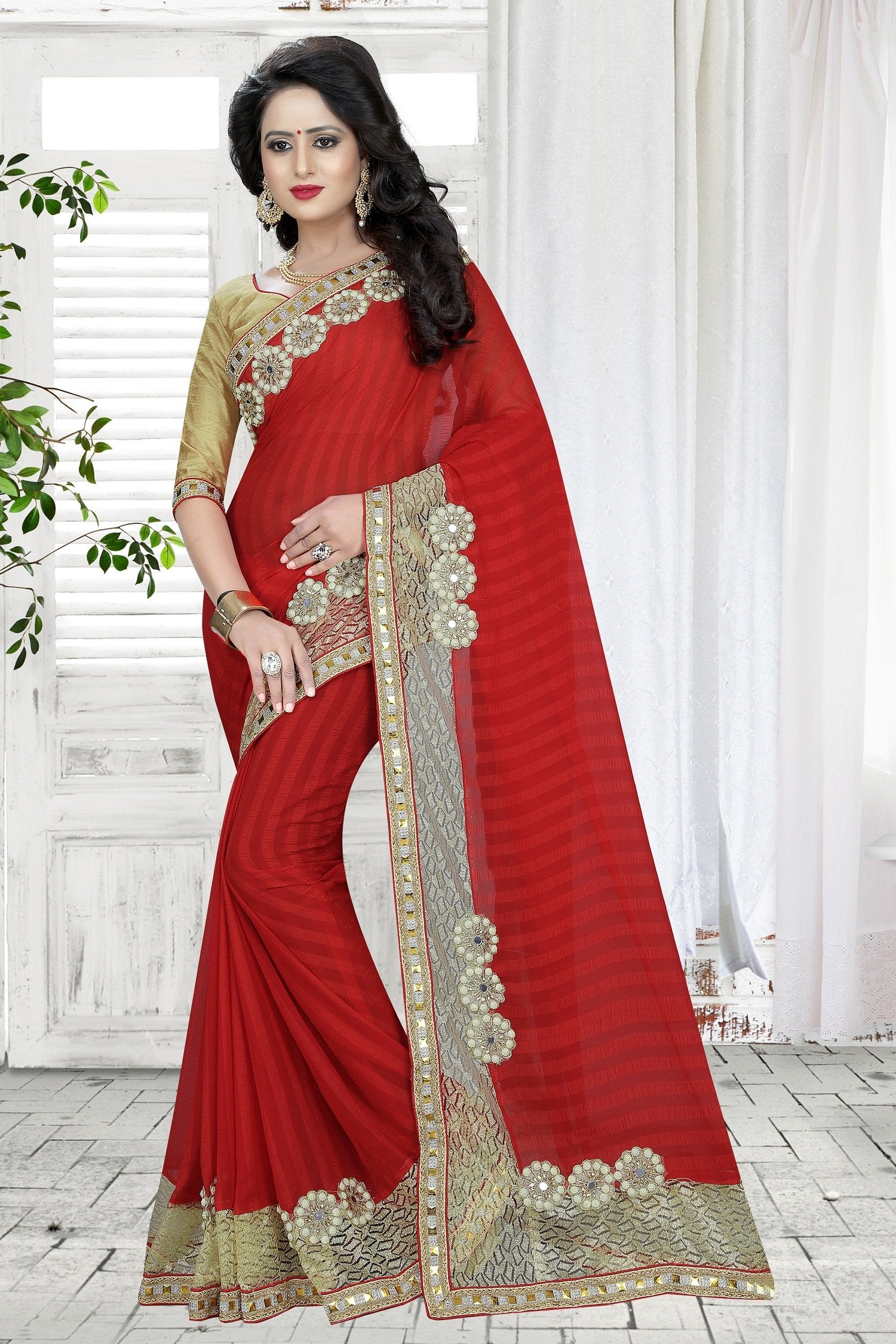 Red colour Embroidery Patch Work Saree-SRP-GS-02