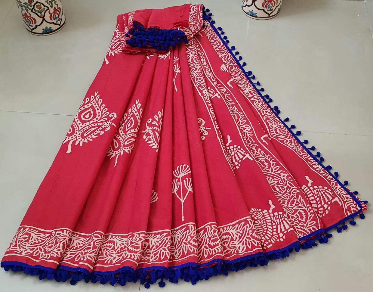 Red with Blue Border Jaipuri Cotton Saree
